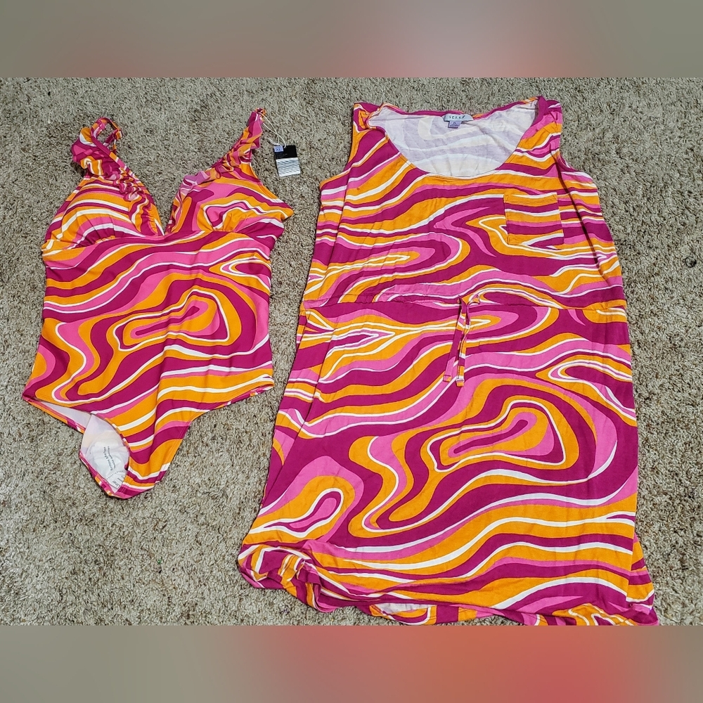 Vibrant Swirl Print Swimsuit and Cover-Up Set